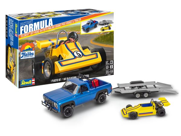 REV14581 - 1978 Chevrolet 4x4 Pickup-Truck in Blau mit Pritsche und Rennstrecken – Malibu Grand Prix zum Zusammenbauen und Bemalen - 1