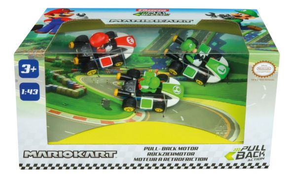 CARRERA15813010 - 3 Friktionskart mit Fahrer MARIO KART – Mario, Luigi und Yoshi - 1