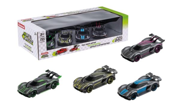 CARRERA15813029 - 4er-Pack Hypersportwagen (Friktionsantrieb) – Grau, Grün, Gelb, Blau, Rosa - 1