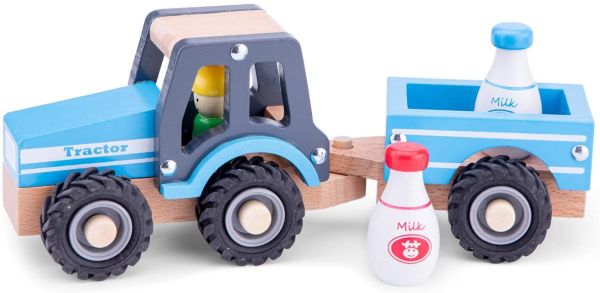 NCT11942 - Traktor mit Anhänger und Milchkanne aus Holz. - 1