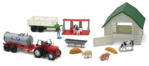 NEW05885B - Bauernhof mit rotem Traktor und Anhänger - 1