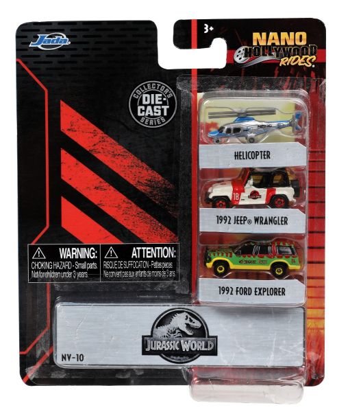JAD31955 - 3 Nano-Fahrzeuge – Hubschrauber – Jeep Wrangler (1992) – Ford Explorer (1992) – Jurassic World - 1