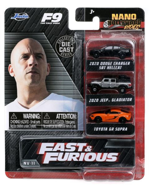 JAD32481 - 3 Nano-Fahrzeuge – Dodge Charger SRT Hellcat (2020) Schwarz – Jeep Gladiator (2020) Grau – Toyota GR Supra (Orange) – Fast & Furious - 1