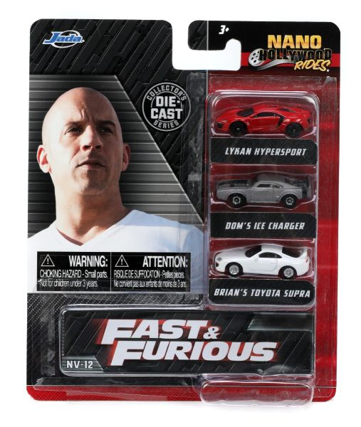 JAD32482 - 3 Nano-Fahrzeuge – Hyperspot Lykan Rot – Ice Charger Dom's Grau – Toyota Supra Brian's Weiß – Fast & Furious - 1