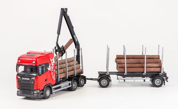 EMEK70675 - SCANIA S730 6x4, roter Sattelzug mit 1+1-achsigem Holztransportanhänger - 1