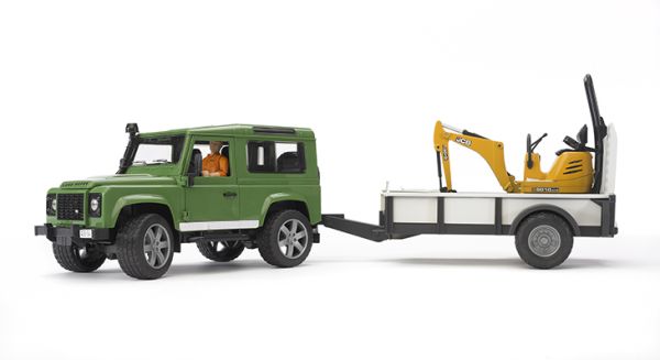 BRU2593 - LAND ROVER DEFENDER mit Anhänger und Minibagger JCB Maßstab: 1/16 - 1