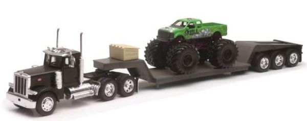 NEW11273 - PETERBILT 379 mit 3-Achs-Tieflader und grünem Monstertruck - 1