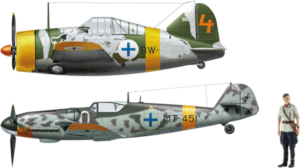 HAW02439 - Flugzeug B-239 Buffalo und Flugzeug Messerschmitt Bf109G-6 mit Figurine zum Zusammenbauen und Bemalen. - 1