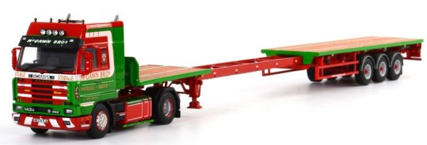 WSI02-1599 - SCANIA R143 Streamline 4x2 und MC GAWN BROTHERS ausziehbarer 3-Achs-Pritschenwagen - 1