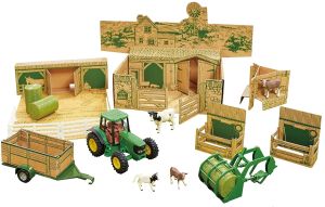 BRI43257 - Bauernhofbox mit JOHN DEERE Traktorzubehör und Tierbox