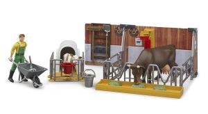 BRU62611 - Stallbox mit Kuh und Kalb mit Landwirt