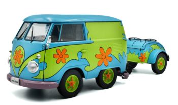 SOL1810904 - VOLKSWAGEN Kombi mit Anhänger - Flower Power 2024 blau und grün.