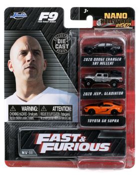 JAD32481 - 3 Nano-Fahrzeuge – Dodge Charger SRT Hellcat (2020) Schwarz – Jeep Gladiator (2020) Grau – Toyota GR Supra (Orange) – Fast & Furious