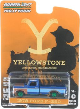 GREEN44980-E_VERT - FORD F-250 1978 Blau mit grünen Felgen aus der TV-Serie YELLOWSTONE in Blisterverpackung.