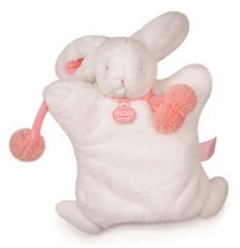 DC2742BC - Pompom Hasenpuppe Weiß und Koralle 25 cm
