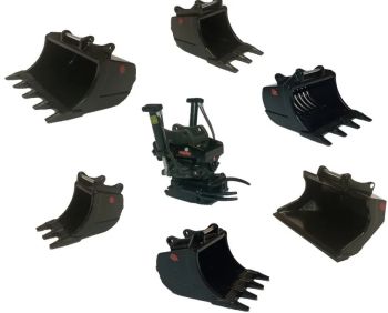 GF108-SET2 - OILQUICK OQTR-33 Tiltrotator-Set mit Greifer und verschiedenen Löffeln für 24- bis 33-Tonnen-Bagger