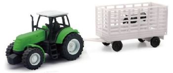 NEW05685D - Grüner Traktor mit Viehanhänger und 1 Kuh