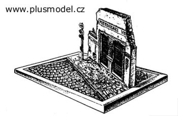 PLS032 - Miniatur-Hausruine zum Zusammenbauen und Bemalen 21;5 cm lang und 15 cm hoch mit 27 x 18 cm Sockel